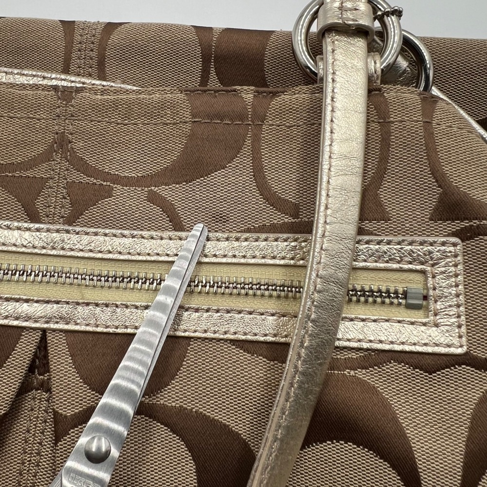 Coach Signature Mia Tote Khaki Brown Metallic Leather Trim F14863 Mens Womens - Picture 13 of 14